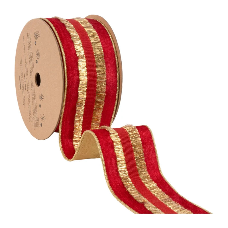 2.5"X10YD WIRED VELVET RIBBON - RED WITH GOLD FRINGE - 7133W-250-63E