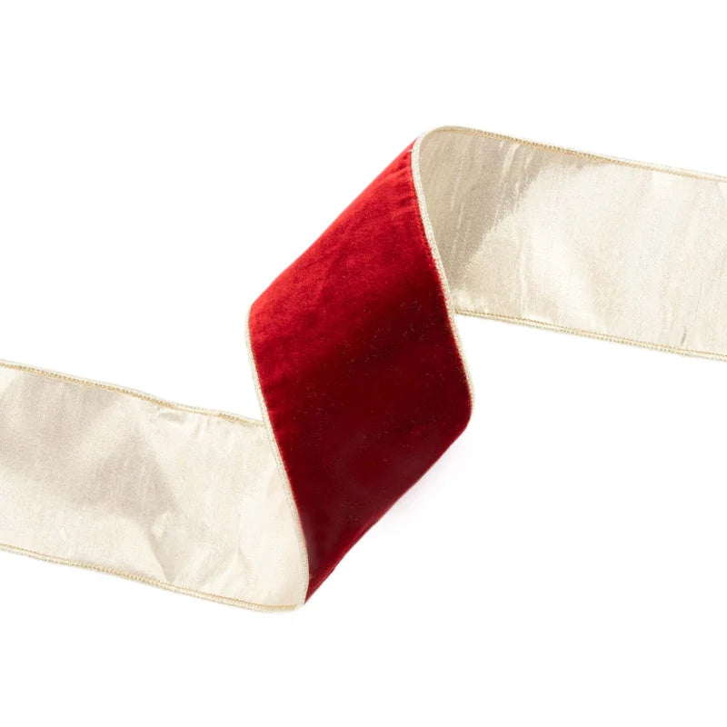 4"X10YD WIRED PREMIUM VELVET RIBBON - RED W/GOLD METALLIC BACKING - 7416W-260-100E