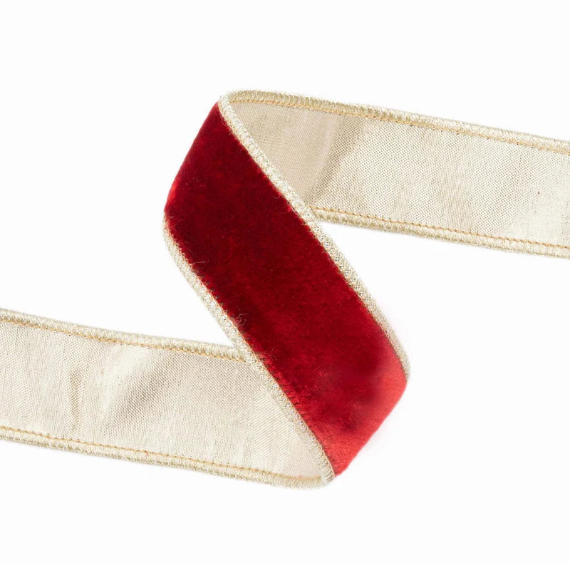 1.5"X10YD WIRED PREMIUM VELVET RIBBON - RED W/GOLD METALLIC BACKING - 7416W-260-25E