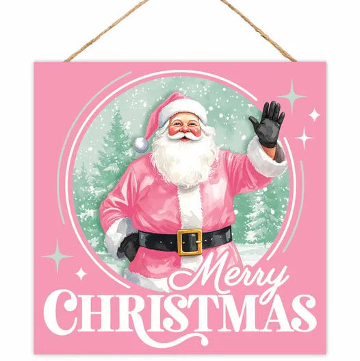 10"SQ MDF MERRY CHRISTMAS/SANTA CLAUS - PINK/MINT/WHITE - AP7469K6