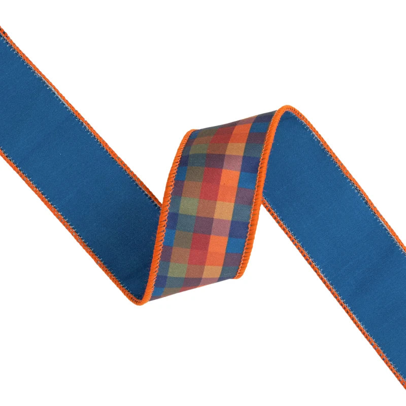 1.5"X10YD WIRED DUPIONI - FALL PLAID BLUE/ORANGE WITH BLUE BACKING - 8204W-368-38E
