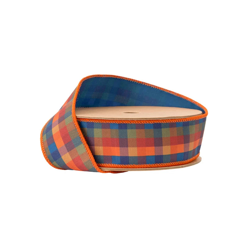 1.5"X10YD WIRED DUPIONI - FALL PLAID BLUE/ORANGE WITH BLUE BACKING - 8204W-368-38E