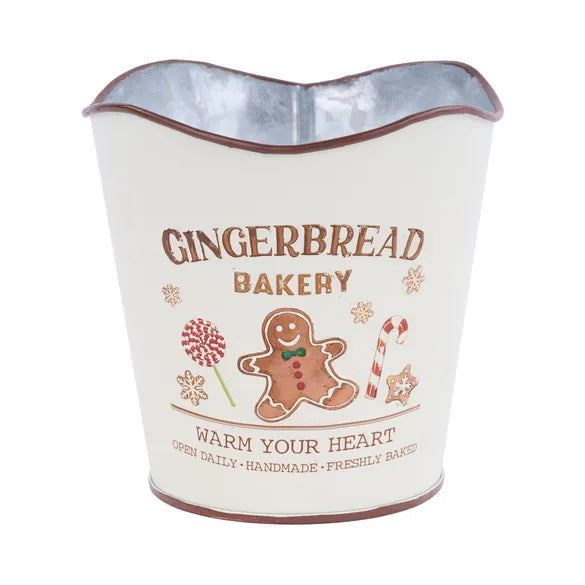5.25"DIA X 5"H ROUND GINGERBREAD POT - CREAM/BROWN/RED/GREEN - XB3069