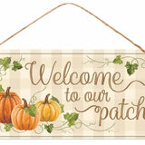 12"LX6"H WELCOME TO OUR PATCH TIN SIGN - CREAM/ORANGE/GREEN - MD1204