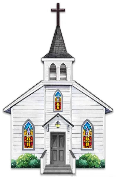 14"H X 9"L METAL/EMBOSSED WOOD CHURCH - WHITE/YELLOW/RED/GREEN - MD181327