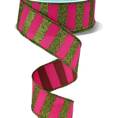 1.5"X10YD HORIZONTAL GLITTER STRIPES - HOT PINK/GREEN - RGF1966AW