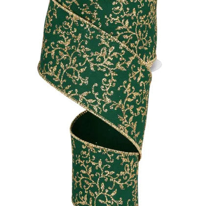 2.5"x10YD GLITTER MINI LEAF VINES - HUNTER GREEN/GOLD - RGF1313CK