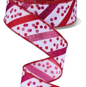1.5"X10YD GLITTER STRIPE W/CONFETTI DOTS - WHITE/RED/LIGHT PINK/HOT PINK - RGF199267