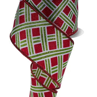 2.5"X10YD WOVEN STRIPES - WHITE/LIME/RED - LS3127WW