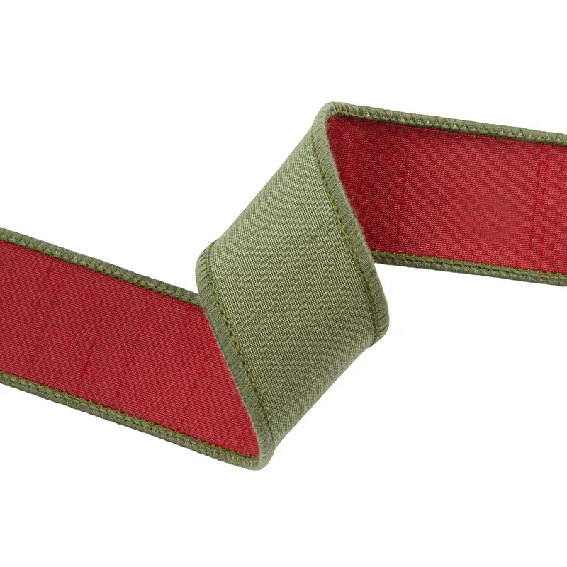 1.5"x10YD DOUBLE-FUSED DUPIONI RIBBON - RED/MOSS GREEN - 9105W-570-38E