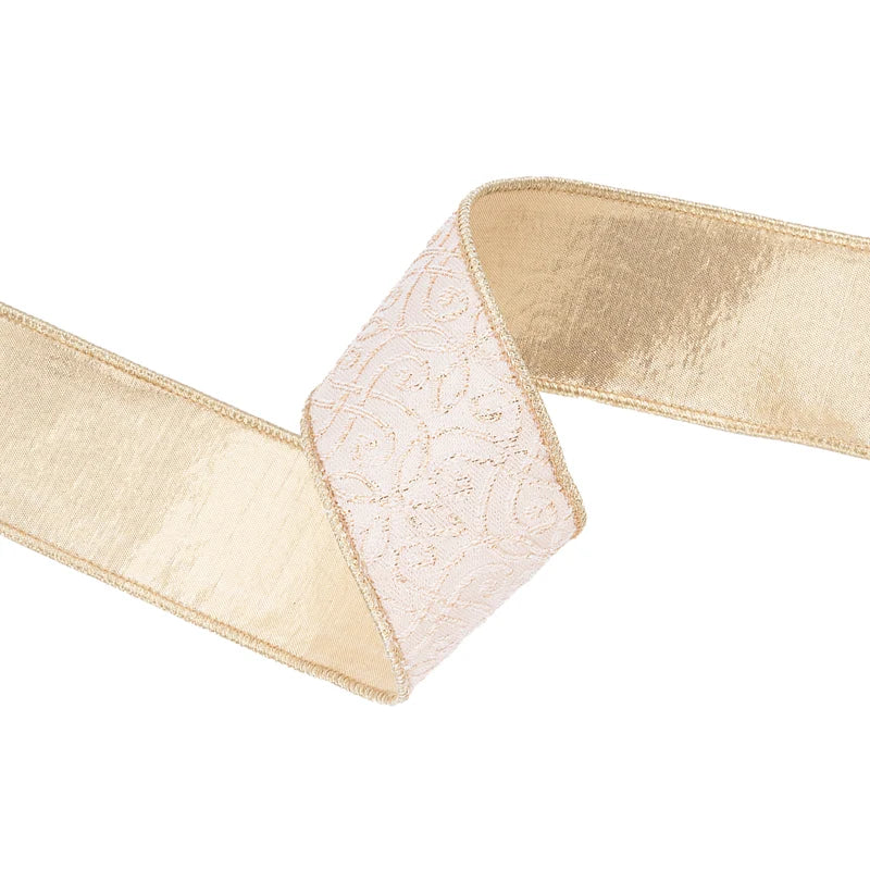 2.5"X10YD WIRED JACQUARD RIBBON - IVORY/GOLD W/ GOLD DUPIONI-FUSED BACKING - 9118W-644-63E