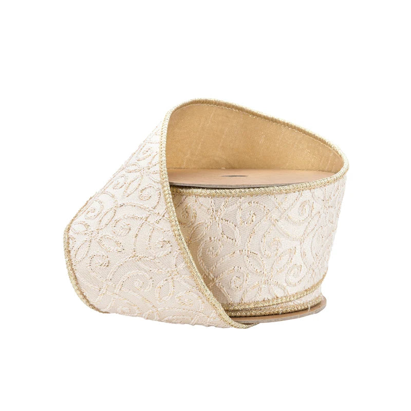 2.5"X10YD WIRED JACQUARD RIBBON - IVORY/GOLD W/ GOLD DUPIONI-FUSED BACKING - 9118W-644-63E