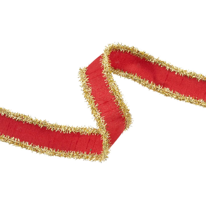 1"X10YD WIRED DUPIONI RIBBON - RED W/ GOLD TINSEL EDGING - 9121W-250-25E