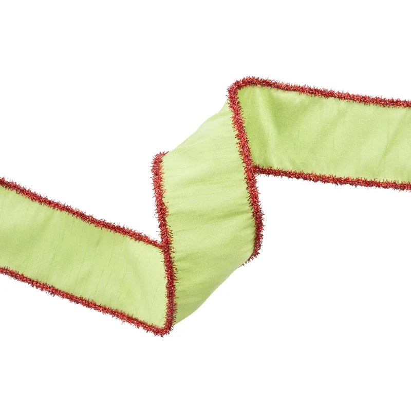 2.5"X10YD WIRED DUPIONI RIBBON - GREEN APPLE W/RED TINSEL EDGING - 9121W-548-63E