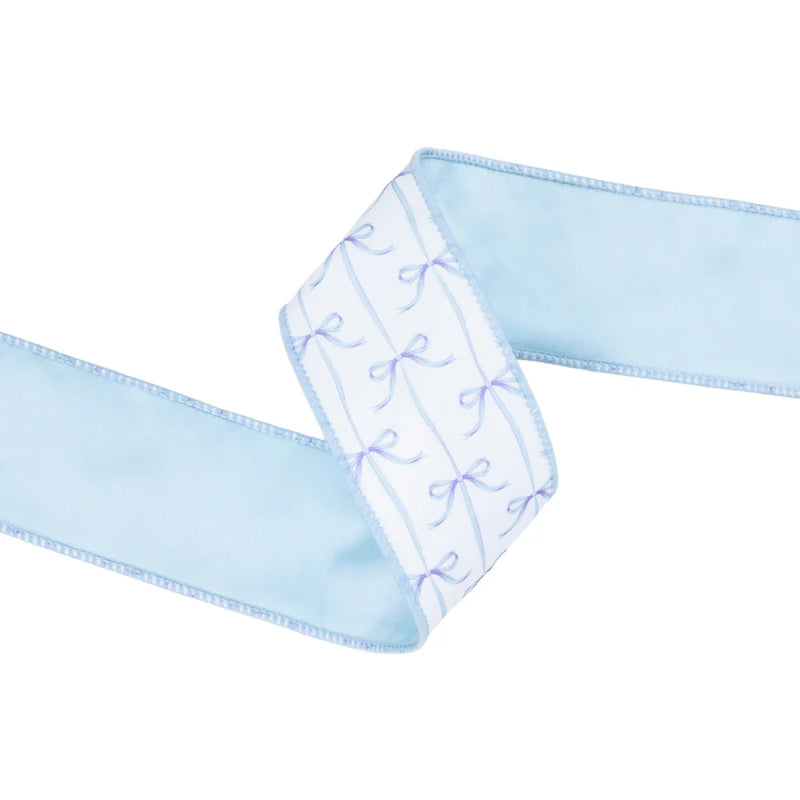 2.5"X10YD WIRED DUPIONI RIBBON - BLUE BOWS ON WHITE W/ BLUE BACKING - 9362W-311-63E