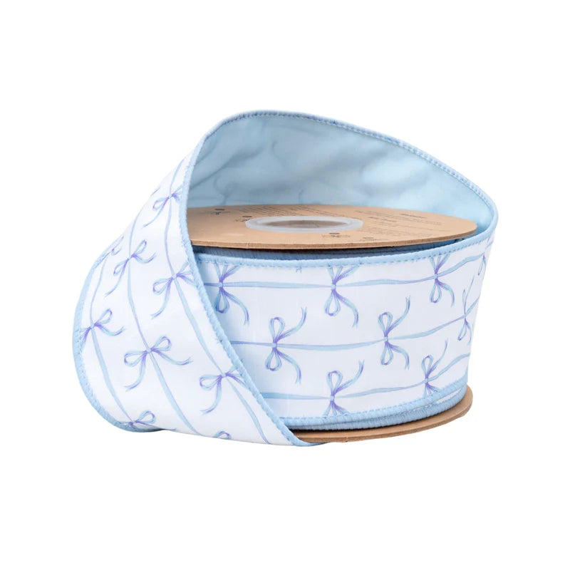 2.5"X10YD WIRED DUPIONI RIBBON - BLUE BOWS ON WHITE W/ BLUE BACKING - 9362W-311-63E