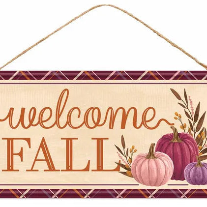 12"L TIN WELCOME FALL W/PUMPKINS SIGN - CREAM/ORANGE/BURGUNDY/MULLBERRY/BROWN - MD1220