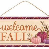 12"L TIN WELCOME FALL W/PUMPKINS SIGN - CREAM/ORANGE/BURGUNDY/MULLBERRY/BROWN - MD1220