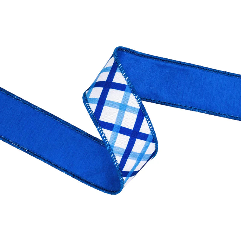 1.5"X10YD WIRED DUPIONI RIBBON - BLUE & WHITE DECORATIVE STRIPE W/ BLUE BACKING - 9368W-018-38E