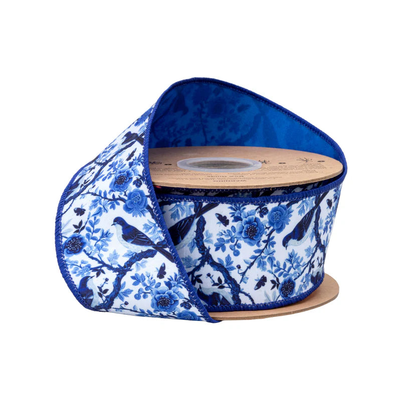 2.5"X10YD WIRED DUPIONI RIBBON - BLUE & WHITE CHINA BIRDS W/ BLUE BACKING - 9374W-018-63E
