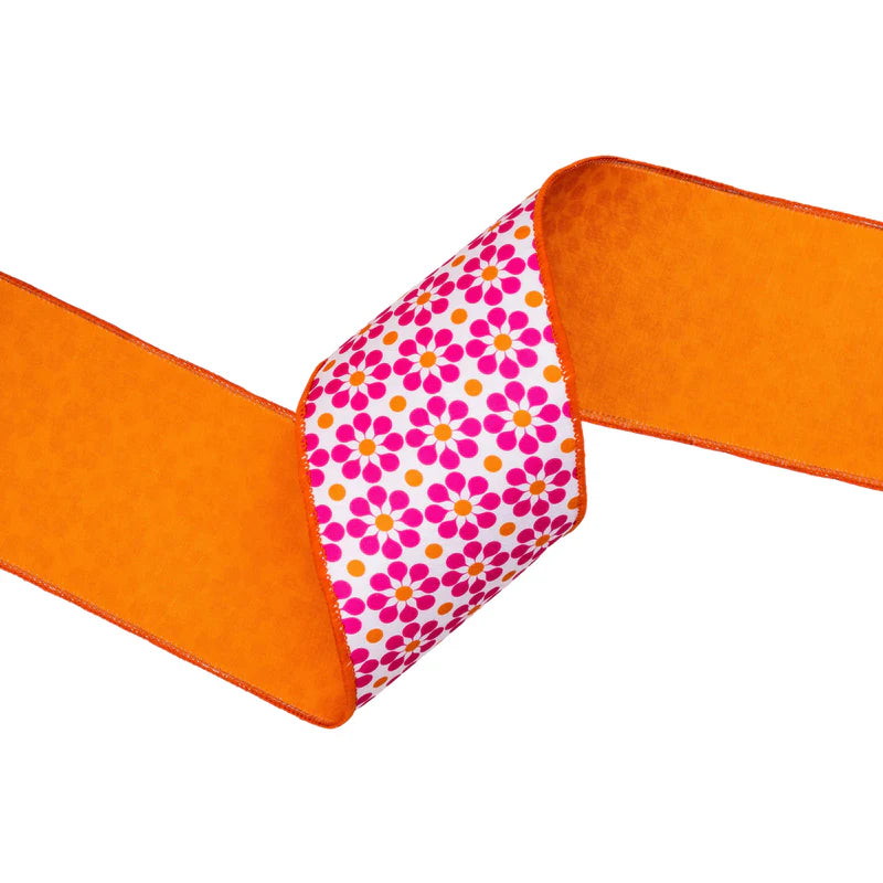 4"X10YD WIRED DUPIONI RIBBON - PINK/ORANGE GEOMETRIC FLORAL W/ ORANGE BACKING - 9396W-005-100E