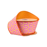 2.5"X10YD WIRED DUPIONI RIBBON - PINK/ORANGE/WHITE GEOMETRIC W/ ORANGE BACKING - 9398W-005-63E