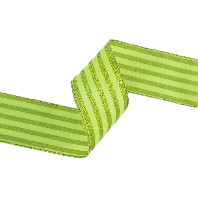 2.5"X10YD WIRED RIBBON - GREEN GLITTERED PINSTRIPES ON LIGHT GREEN - 9623W-563-63E