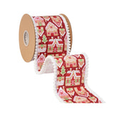 4"X10YD WIRED DUPIONI RIBBON - GINGERBREAD HOUSES ON RED W/ WHITE BACKING - 9725W-250-100E