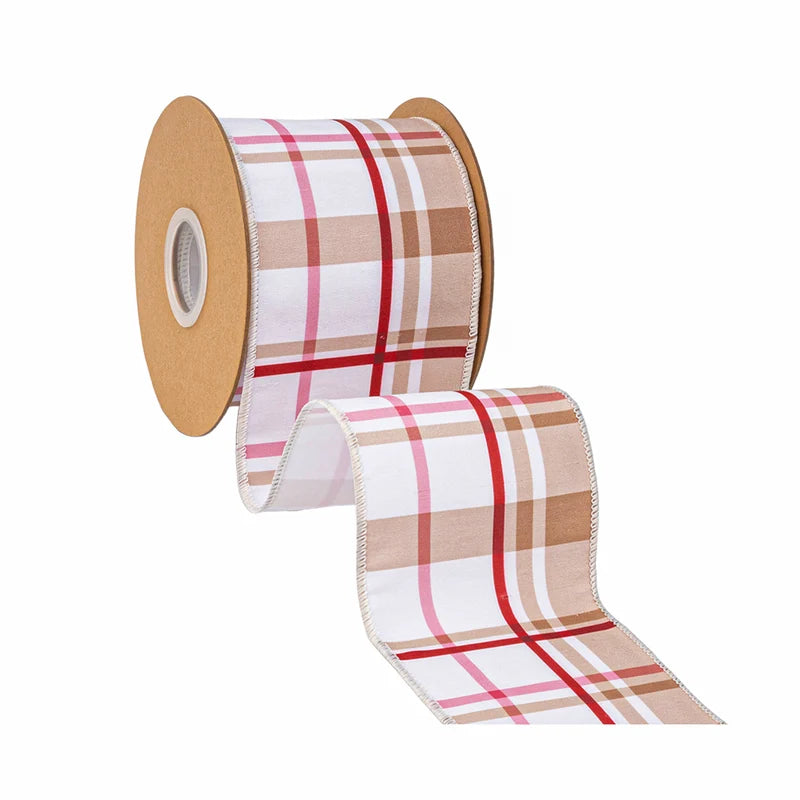 4"X10YD WIRED DUPIONI RIBBON - GINGERBREAD PLAID W/ WHITE BACKING - 9728W-743-100E