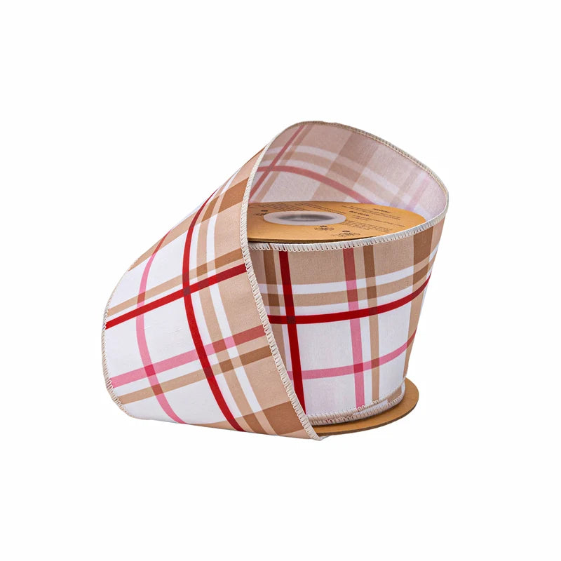 4"X10YD WIRED DUPIONI RIBBON - GINGERBREAD PLAID W/ WHITE BACKING - 9728W-743-100E