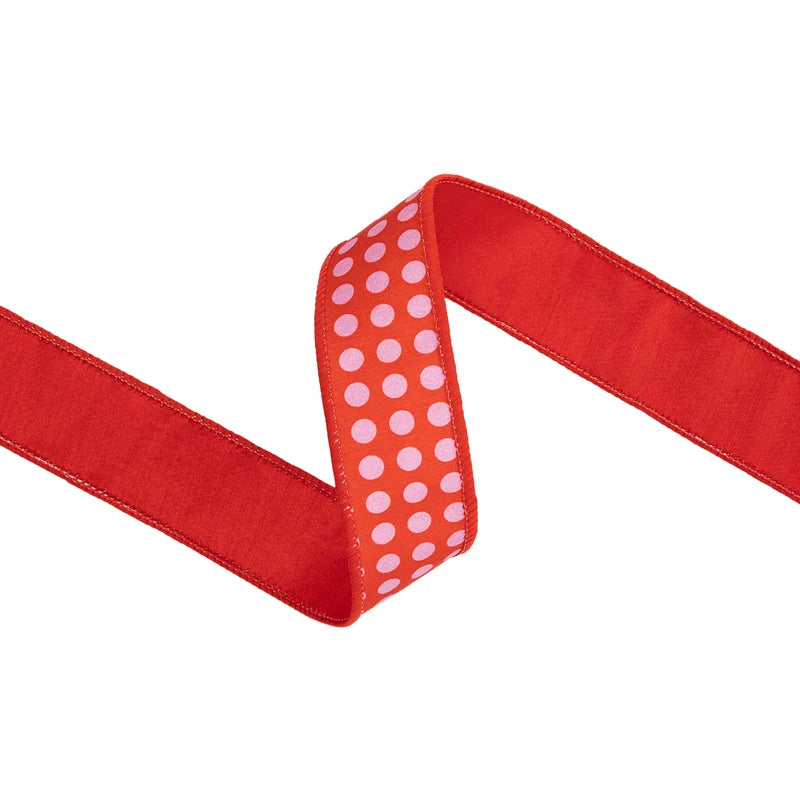 1.5"X10YD WIRED DUPIONI RIBBON - RED AND PINK POLKA DOTS W/ RED BACKING - 9734W-250-38E