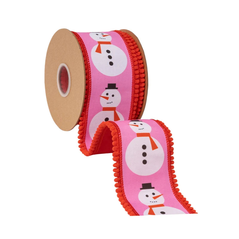 2.5"X10YD WIRED DUPIONI RIBBON - MODERN SNOWMAN ON PINK W/ RED BACKING - 9735W-250-63E