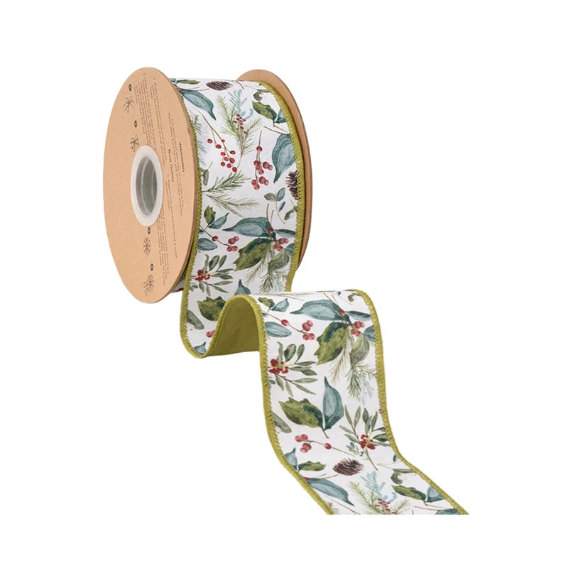 2.5"X10YD WIRED DUPIONI RIBBON - CHRISTMAS FLORAL AND BERRIES W/ GREEN BACKING - 9740W-570-63E