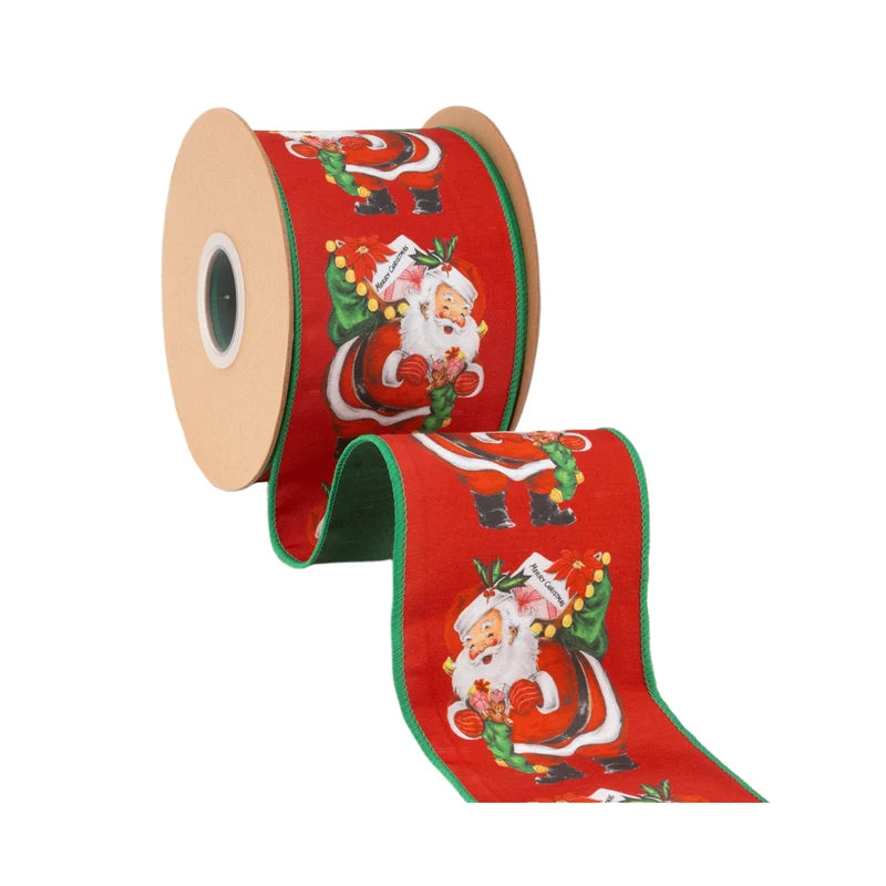 4"X10YD WIRED DUPIONI RIBBON - RETRO SANTA W/ SACK WITH GREEN BACKING - 9749W-036-100E