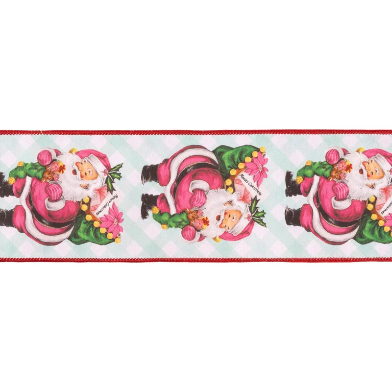 4"x10YD WIRED DUPIONI RIBBON - RETRO PINK SANTA W/ SACK ON GREEN CHECK W/ RED BACKING - 9752W-150-100E