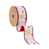 2.5"X10YD WIRED DUPIONI RIBBON - MULTI COLORED SNOWFLAKES ON WHITE W/ RED BACKING - 9758W-029-63E
