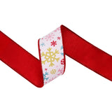 2.5"X10YD WIRED DUPIONI RIBBON - MULTI COLORED SNOWFLAKES ON WHITE W/ RED BACKING - 9758W-029-63E