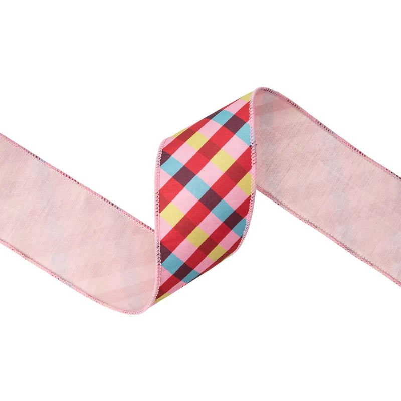 2.5"X10YD WIRED DUPIONI RIBBON - PINK/RED/BLUE BIAS PLAID W/ PINK BACKING - 9760W-005-63E