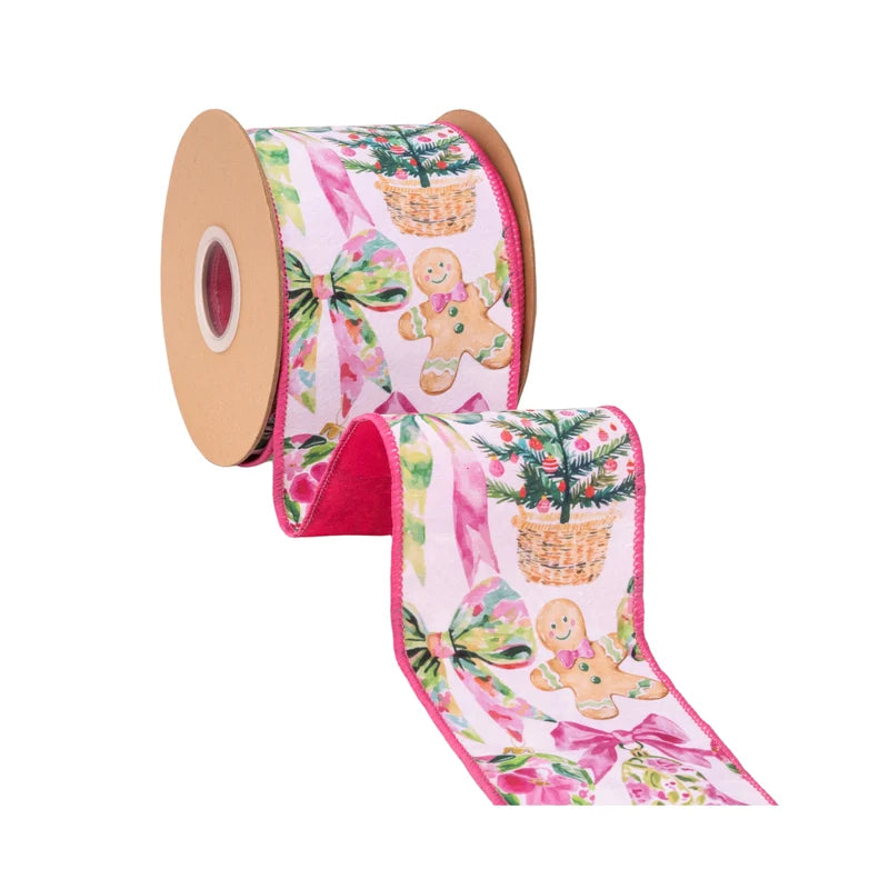 4"X10YD WIRED DUPIONI RIBBON - PINK BAUBLES AND BOWS W/ PINK BACKING - 9763W-005-100E