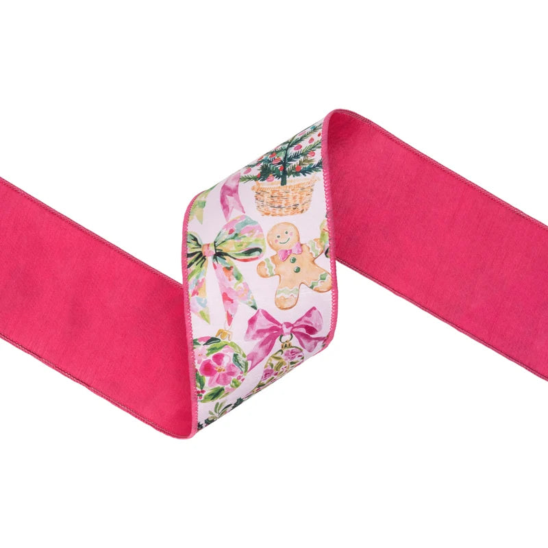 4"X10YD WIRED DUPIONI RIBBON - PINK BAUBLES AND BOWS W/ PINK BACKING - 9763W-005-100E