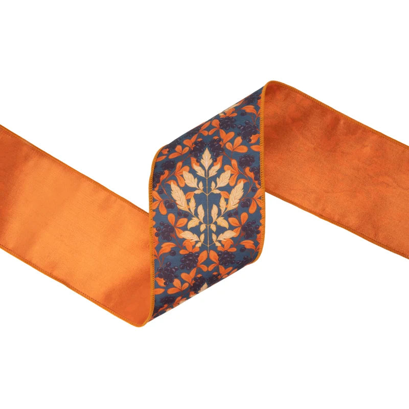 4"X10YD WIRED DUPIONI RIBBON - ORANGE & CREAM FLAME PRINT ON BLUE W/ SATIN ORANGE BACKING - 9780W-750-100E