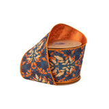 4"X10YD WIRED DUPIONI RIBBON - ORANGE & CREAM FLAME PRINT ON BLUE W/ SATIN ORANGE BACKING - 9780W-750-100E