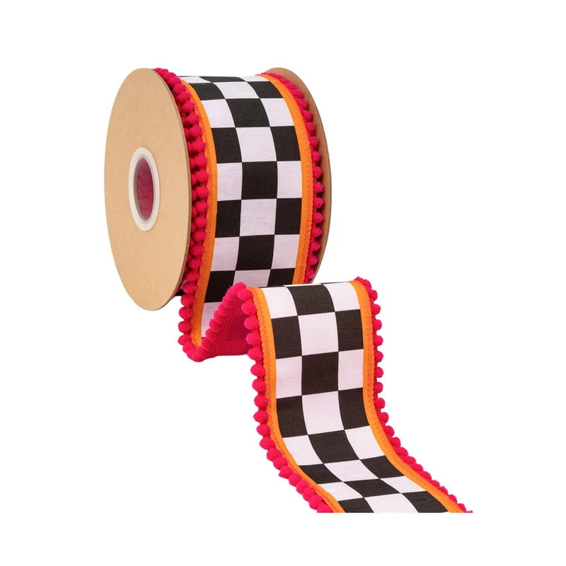 2.5"X10YD WIRED DUPIONI RIBBON - LARGE BLACK/WHITE CHECK WITH ORANGE & PINK POM POM EDGING W/ PINK BACKING - 9802W-031-63E