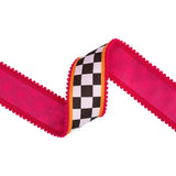 2.5"X10YD WIRED DUPIONI RIBBON - LARGE BLACK/WHITE CHECK WITH ORANGE & PINK POM POM EDGING W/ PINK BACKING - 9802W-031-63E