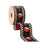 2.5"X10YD WIRED DUPIONI RIBBON - BLACK/WHITE CHECK DRUMS ON BLACK W/ RED BACKING - 9810W-030-63E