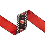 2.5"X10YD WIRED DUPIONI RIBBON - BLACK/WHITE CHECK DRUMS ON BLACK W/ RED BACKING - 9810W-030-63E