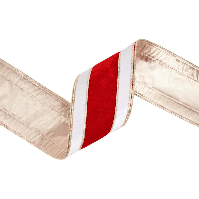 4"X10YD WIRED VELVET RIBBON - RED/WHITE/GOLD BANDED W/GOLD BACKING - 9820W-010-100E