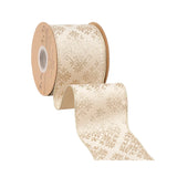 4"X10YD WIRED VELVET RIBBON - GOLD DAMASK ON IVORY W/ GOLD BACKING - 9822W-810-100E