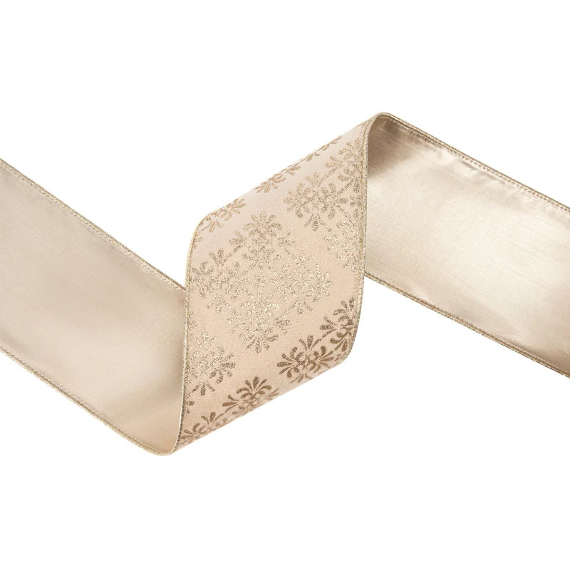 4"X10YD WIRED VELVET RIBBON - GOLD DAMASK ON IVORY W/ GOLD BACKING - 9822W-810-100E