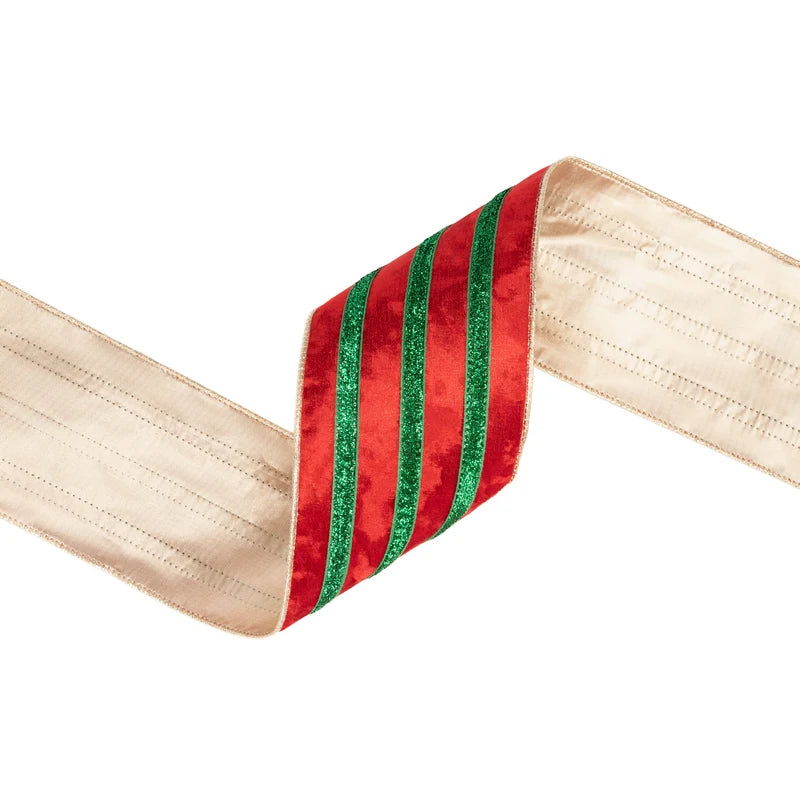4"X10YD WIRED VELVET RIBBON - RED W/ GREEN METALLIC TRIM W/ GOLD BACKING - 9826W-039-100E